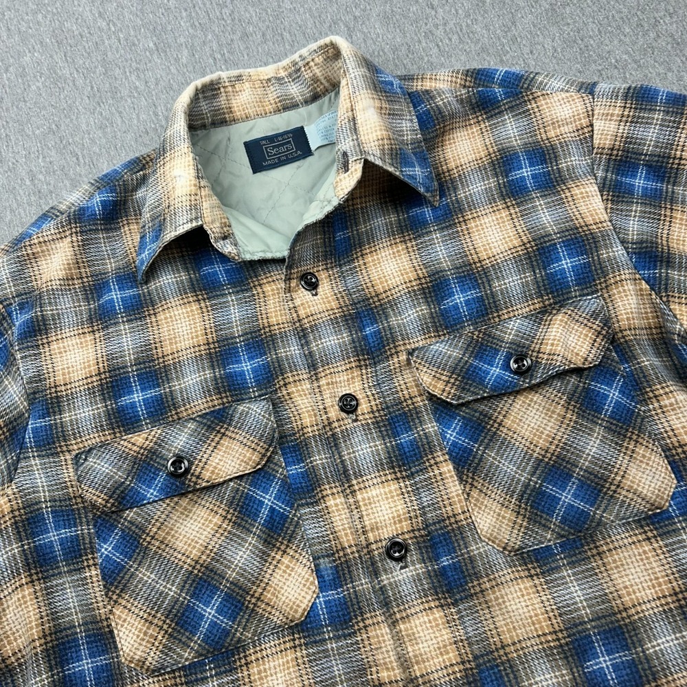 Sears PermaPrest Quilt Lined Flannel Shacket Mens 16-16.5 Tall Blue Beige Plaid